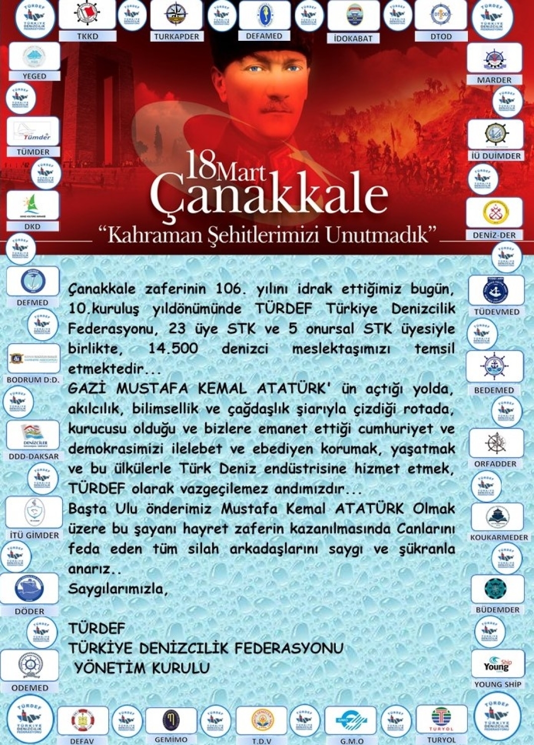 Çanakkale Zaferinin 106. yıldönümü ve TÜRDEF Türkiye Denizcilik Federasyonu'nun 10. Kuruluş Yıldönümü Kutlu Olsun