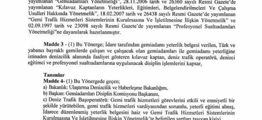 Gemi Adamlarına uygulanacak idari yaptırımlara ilişkin yönerge